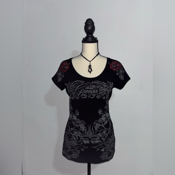 Guess Tops - GUESS Jeans Black Rose Graphic Tee Y2K Style
